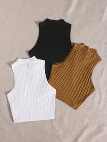 Top de tanque casual sólido de cuello redondo acanalado para el verano - Multicolor 5 - Ver 2