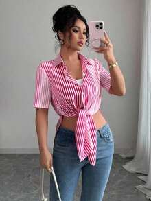 Camisa de mujer de manga corta, ajuste ceñido, con dobladillo curvo dividido, unicolor minimalista, para uso diario y casual en verano - Multicolor 4 - Ver 5