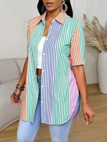 Camisa de mujer de manga corta, ajuste ceñido, con dobladillo curvo dividido, unicolor minimalista, para uso diario y casual en verano - Multicolor 7 - Ver 3