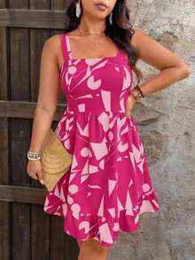 Vestido de talla grande con estampado, lazo en la cintura y decoración para mujeres de vacaciones - Rosa Fucsia - Ver 5