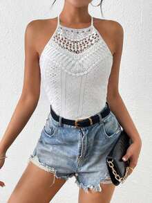Frenchy Top sin mangas ajustado con cuello de halter y encaje de contraste para vacaciones de mujer - Blanco - Ver 5
