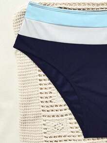Conjunto de bikini con empalme y bloqueo de color, seductor y con Charm maduro - Azul marino - Ver 5