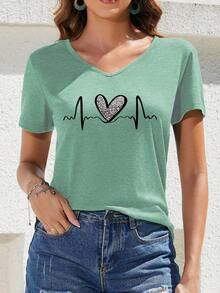 Camiseta de mujer de manga corta con cuello en V con estampado de corazón y leopardo - verde menta - Ver 5