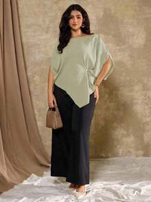 Blusa asimétrica de manga corta y hombros casuales franceses para mujer de talla grande - verde menta - Ver 7