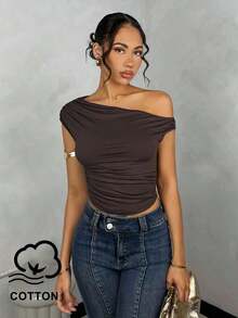 Blusa de verano con hombros asimétricos fruncidos en unicolor para mujer - Marrón 2 - Ver 6