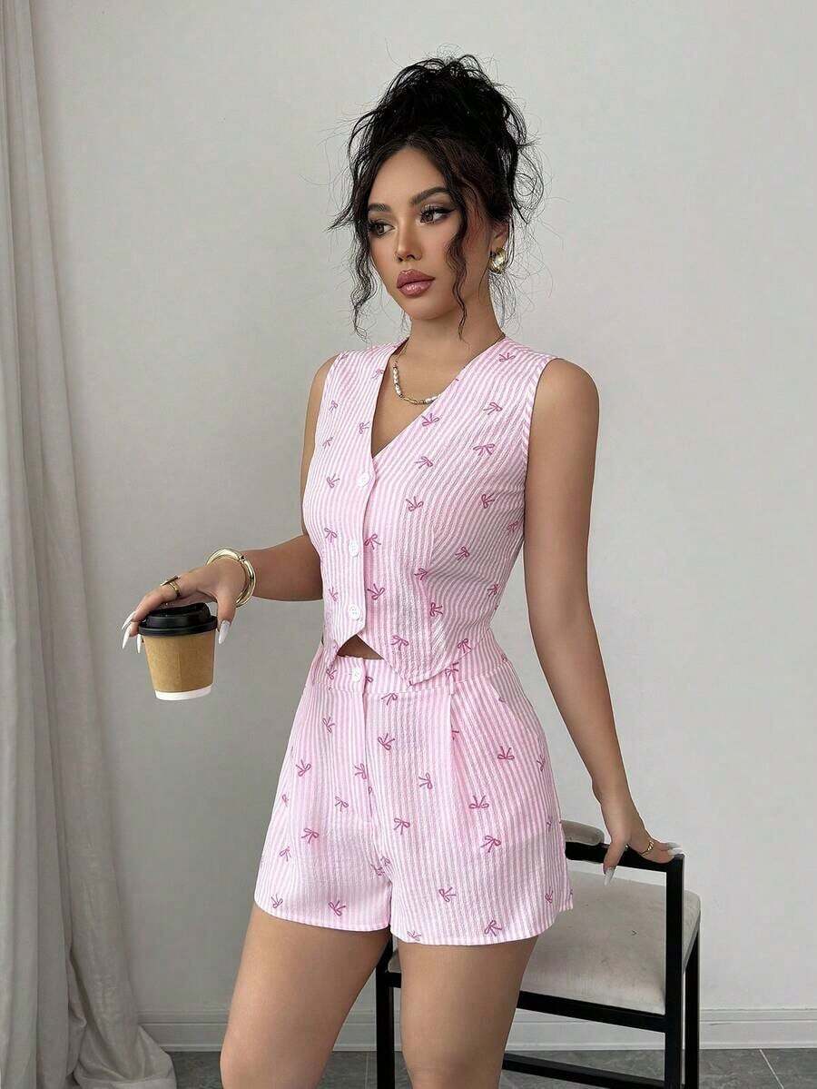 Conjunto de 2 piezas de chaleco y shorts casuales a rayas para mujer de verano - Rosa - Ver 1