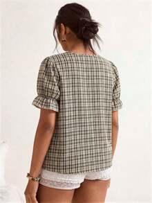 Blusa de manga corta con cuello cuadrado y parches de encaje de talla grande, blusa de manga abullonada - Negro - Ver 2