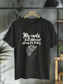 Curly Hairstyle Print T-Shirt - Men's And Women's Short Sleeve Crew Neck T-Shirt With Curly Hair Design, Casual Graphic Tee - 白色 - 查看 1