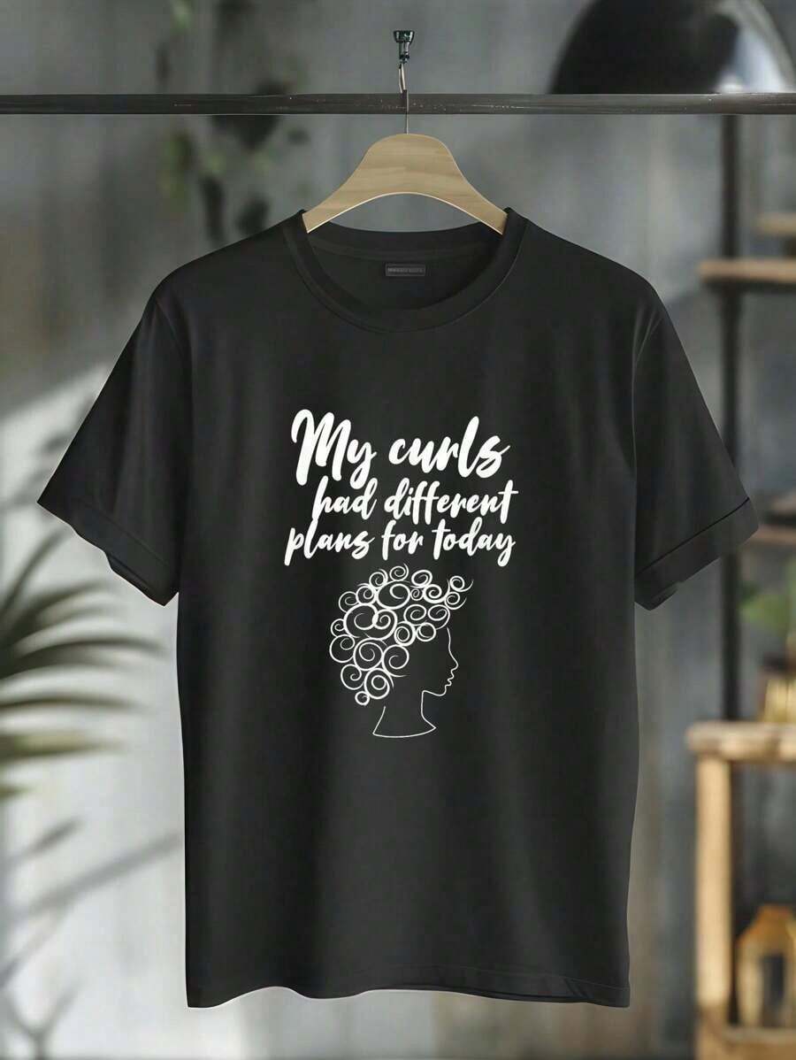 Curly Hairstyle Print T-Shirt - Men's And Women's Short Sleeve Crew Neck T-Shirt With Curly Hair Design, Casual Graphic Tee - 白色 - 查看 1