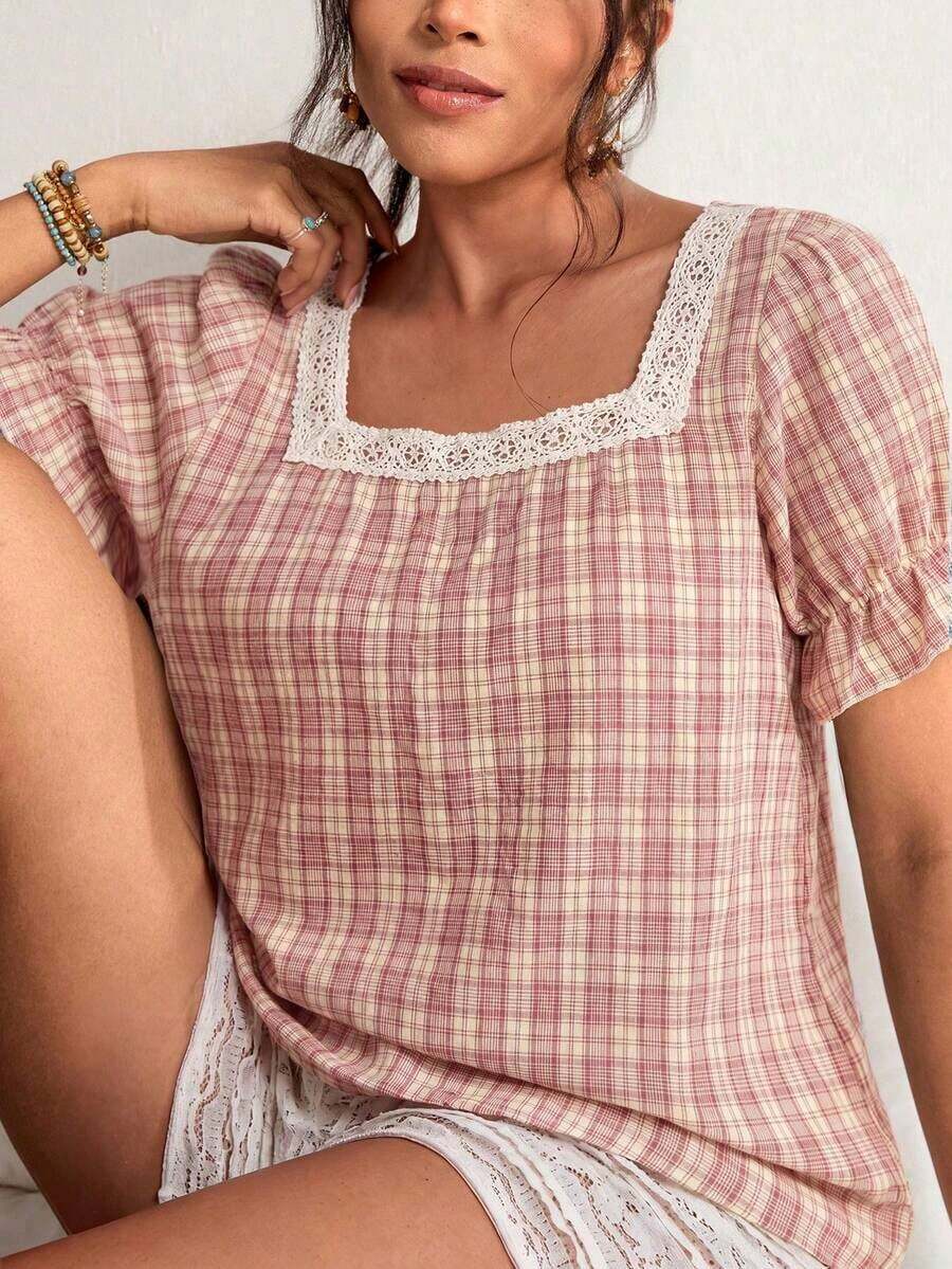 Blusa de manga corta con cuello cuadrado y parches de encaje de talla grande, blusa de manga abullonada - Rojo - Ver 1