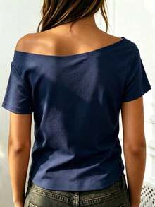 Camiseta casual de uso diario con hombro asimétrico de unicolor para mujer - Azul - Ver 2