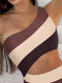 Traje de baño de una pieza con bloque de color y un solo hombro para mujer, ideal para nadar, vacaciones y playa en verano - Multicolor 5 - Ver 5