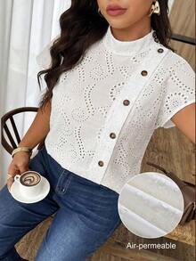 Weeklong Camisa suelta con botones y bordado de ojetes asimétrico, atuendo casual para diario/vacaciones, ropa de oficina - Blanco 2 - Ver 6
