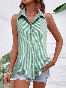 Blusa holgada sin mangas a rayas de estilo casual para mujer, camisa de verano para mujer, top sin mangas a rayas, top verde a rayas, blusas casuales de verano para mujer - Verde - Ver 5