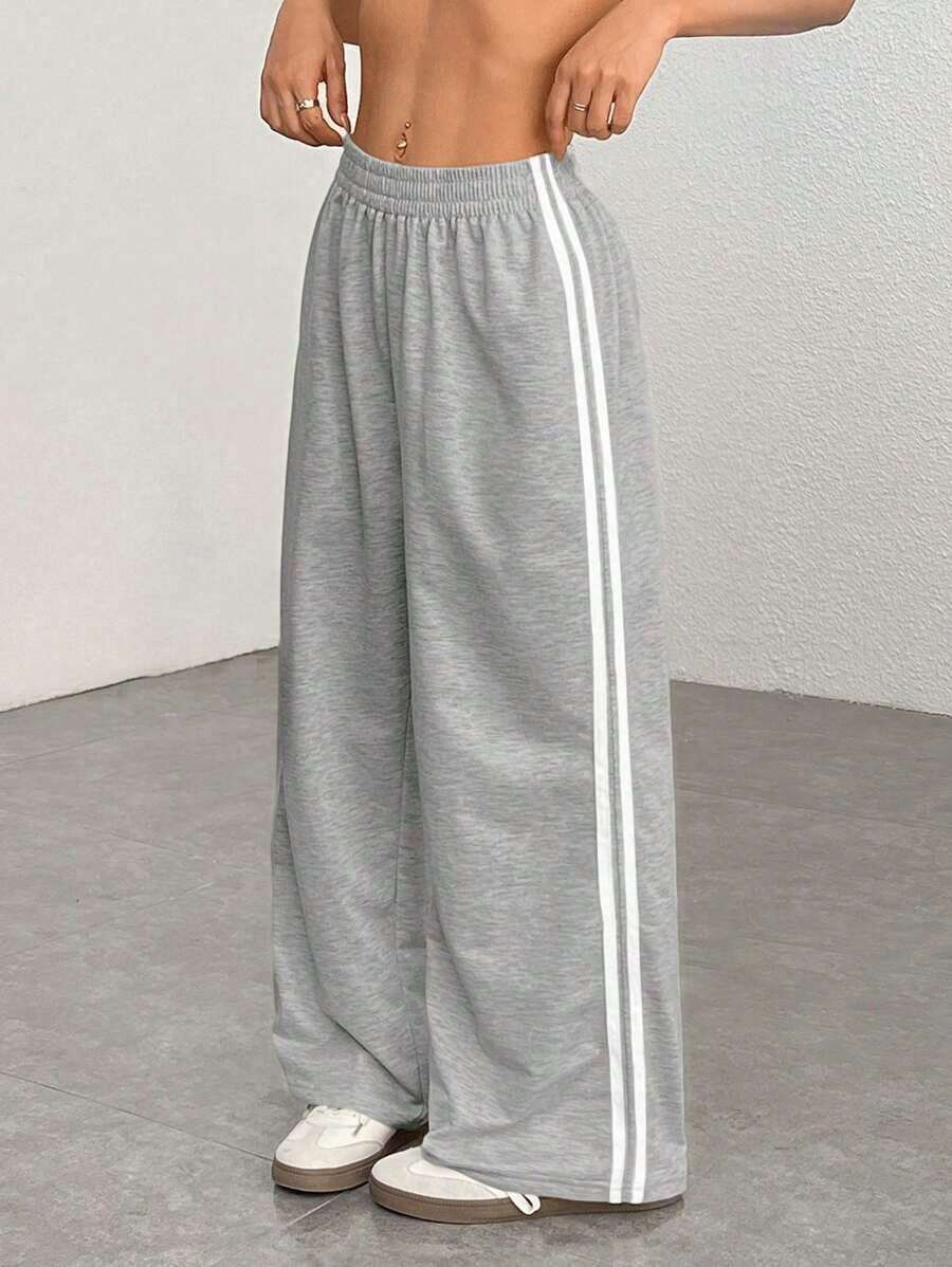 Pantalones casuales con rayas laterales negras, de estilo simple y de moda para uso diario, graduación, maestros y vuelta al colegio para mujeres - Gris - Ver 1