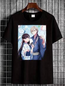 Unisex Anime T-Shirt With Couple Design In Black Kimono For Men And Women, Casual Clothing For Anime Fans - 黑色 - 查看 7