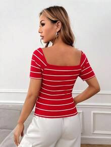 Camisetas Nudo A rayas Casual - Rojo - Ver 2