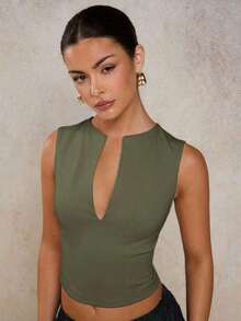 Blusa sin mangas de corte slim de unicolor con cuello en V profundo para mujer - Verde militar - Ver 8