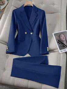 Conjunto de blazer y pantalón de bolsillo de unicolor azul con botones dorados y cuello entallado elegante para mujer, versátil para otoño/invierno - Niebla azul - Ver 3