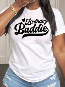 Camisetas gráficas para mujer, camiseta de cuello redondo con estampado de cumpleaños "Baddie", manga corta para fiestas y celebraciones. - Blanco - Ver 1