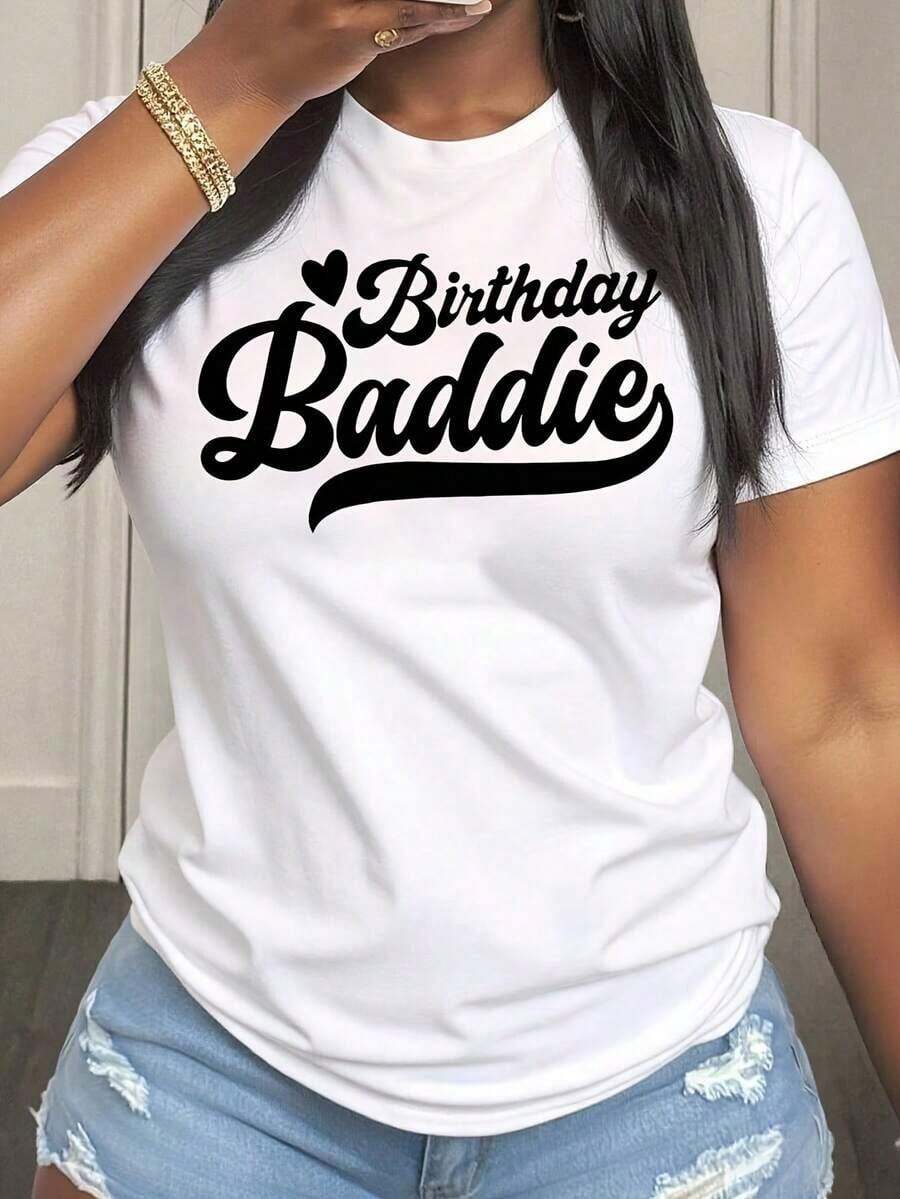 Camisetas gráficas para mujer, camiseta de cuello redondo con estampado de cumpleaños "Baddie", manga corta para fiestas y celebraciones. - Blanco - Ver 1