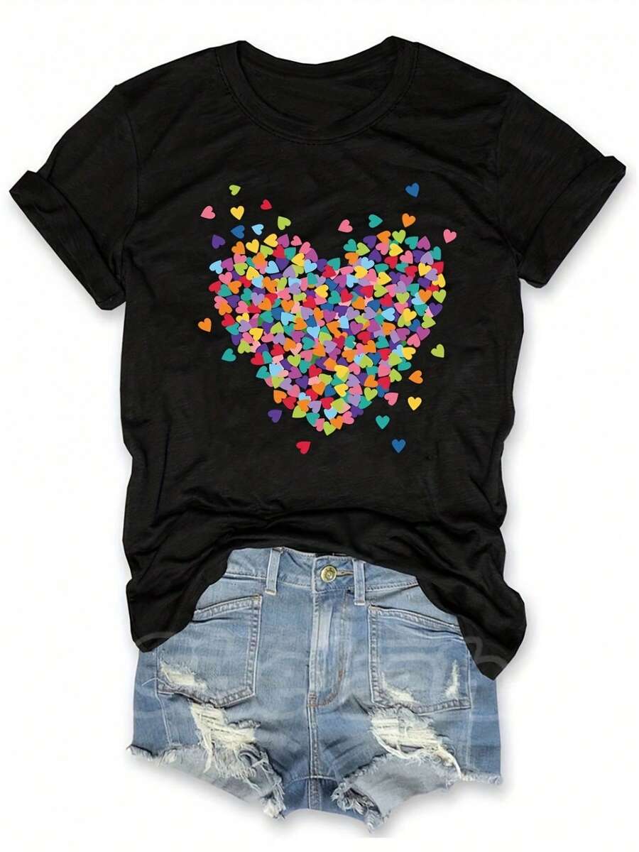 Women's Retro Multicolor Heart Print T-Shirt - Casual Short Sleeve Crew Neck Top With Colorful Heart Design, Vibrant Pink Green Yellow Orange, H-Line Fitted All Season Casual Wear T-Shirt - 黑色 - 查看 1