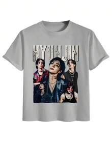 Camiseta Gráfica de Stray Hyunjin - Camiseta Negra para Concierto K-Pop con Letras en Negrita HYUN JIN y Retratos de Miembros - Cuello Redondo Unisex, Manga Corta, Ropa Casual de Alta Calidad, Regalo Perfecto para Fans - Negro - Ver 8