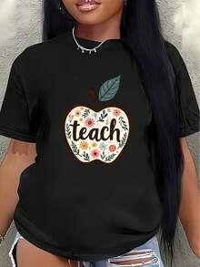 Camiseta de poliéster de manga corta, decorada con un patrón floral de manzanas para profesores, ligera y duradera, adecuada para el uso diario o informal de los maestros, ofreciendo un ajuste cómodo para el uso cotidiano.women's shirts - Negro - Ver 1