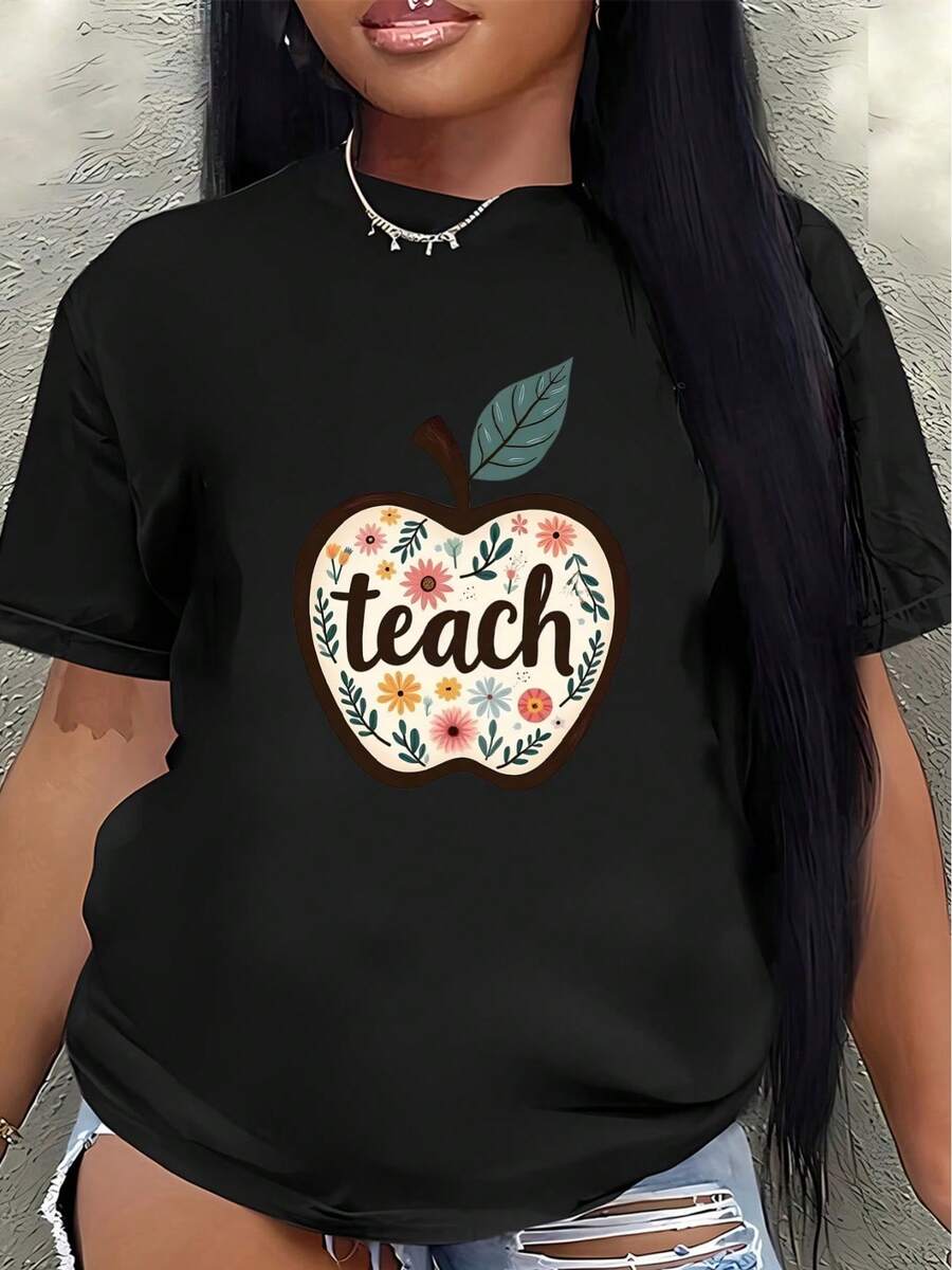 Camiseta de poliéster de manga corta, decorada con un patrón floral de manzanas para profesores, ligera y duradera, adecuada para el uso diario o informal de los maestros, ofreciendo un ajuste cómodo para el uso cotidiano.women's shirts - Negro - Ver 1