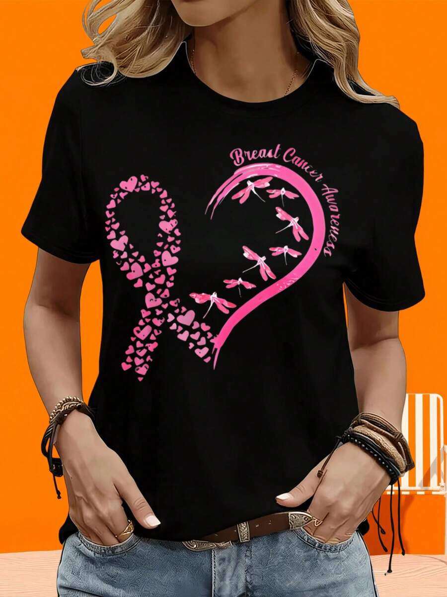 Camiseta de manga corta para mujer, informal, para actividades al aire libre y en casa, 220g, con diseño de la cinta rosa de concientización sobre el cáncer de mama, libélula y corazones. Camiseta casual para mujer, ideal para campañas de apoyo y concientización sobre el cáncer de mama, ocio, actividades al aire libre, vacaciones y como regalo para fiestas. - Negro - Ver 1