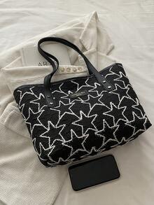 1 buah Tas Tote Bahu Wanita Modis Berbahan Serat Poliester dengan Dekorasi Awan, Kapasitas Besar, dan Resleting, Motif Bintang, Cocok untuk Penggunaan Sehari-hari di Musim Semi/Panas - Hitam dan Putih - View 3