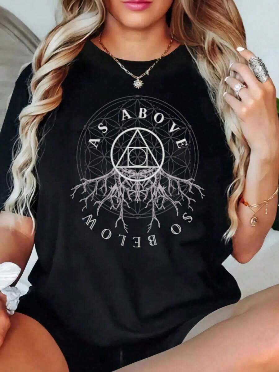 Under The Radar Women's Plus Size Hidden Print T-Shirt - AS ABOVE SO BELOW Graphic Design And Geometric Roots, Casual Stretch Short Sleeve Crew Neck Top For Spring/Summer, Machine Washable, Spring/Summer Clothing, Hidden Print Shirt, Non-See-Through Material - Vintage Street Style Unisex Loose Cotton Short Sleeve Crew Neck T-Shirt - 黑色 - 查看 1