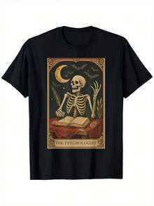 Men's Shirt With A Psychiatrist Skull Design, Made From High-Quality Fabric. This Casual Crew Neck T-Shirt Features A Mysterious Skull And Book Design And Is Available In A Wide Range Of Sizes (S-XXXL). It's Suitable For Parties, The Beach, Sports, And Other Outdoor Activities, And Is Also A Great Choice For Everyday Wear In All Seasons. - 黑色 - 查看 2
