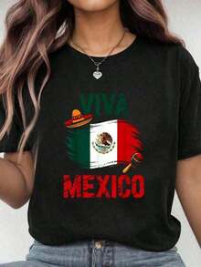 Cool Casual T-Shirt For Cinco De Mayo, Viva Mexico, Mexican Independence Day, Women's T-Shirt With Flag, Short Sleeve, Round Neck, Cotton, For Summer Fashion. - 黑色 2 - 查看 7