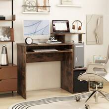 Space-Saving Computer Desk With Open Shelf And Fabric Storage Drawer - Brown - View 3