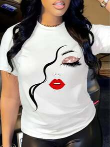 Women's Casual Crew Neck T-Shirt with Lip & eyelash Print, 100% Polyester Knit Fabric, Casual Portrait Graphic Tee, Regular Length for all Seasons - Branco - Ver 2