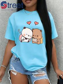Camiseta de Verano Premium para Mujer con Estampado de Panda y Oso Pardo y Diseño de Corazón, Nueva Camiseta para Mujer 2026, Estilo Suave y Adorable, Manga Corta Holgada, Sencilla y a la Moda, Versátil, Moderna, Cómoda, Top Deportivo Casual, Tela Suave, Lavable a Máquina para Primavera y Verano, Adecuada para Deportes al Aire Libre y Uso Diario. - Negro - Ver 10