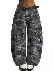 Women's Baggy Jeans Y2K Camo Print Oversized Wide-Leg Cargo Jeans High Waist Multi-Pocket Loose Casual Streetwear Denim Barrel Pants - xanh quân đội - Xem 2