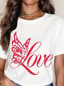 Camiseta con Estampado de Mariposas para Mujer, Cuello Redondo, Manga Corta, Blanca, Estilo Casual, Camiseta de Moda para Uso Diario, 100% Algodón - Blanco - Ver 1