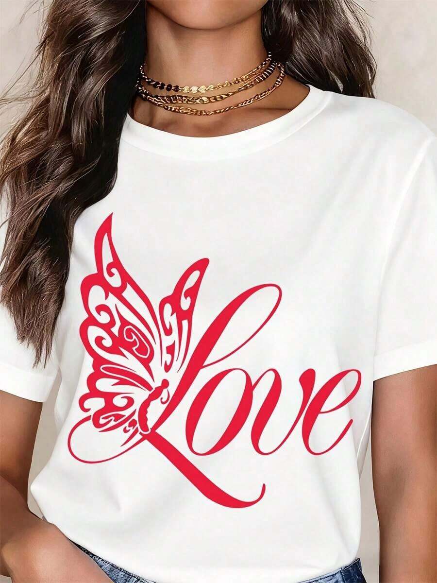 Camiseta con Estampado de Mariposas para Mujer, Cuello Redondo, Manga Corta, Blanca, Estilo Casual, Camiseta de Moda para Uso Diario, 100% Algodón - Blanco - Ver 1