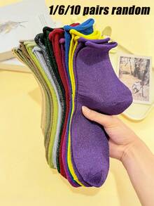 1/6/10 Pairs Random Women Socks, Solid Color Cuffed Design With Metallic Glitter, Sexy Mid-Calf Socks, Suitable For All Seasons - Multicolor - View 2