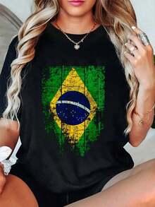 100% Cotton Brazilian T-Shirt For Women, Men And Children, Vintage Style With Brazilian Flag, Gift, Pure Cotton - 黑色 - 查看 6