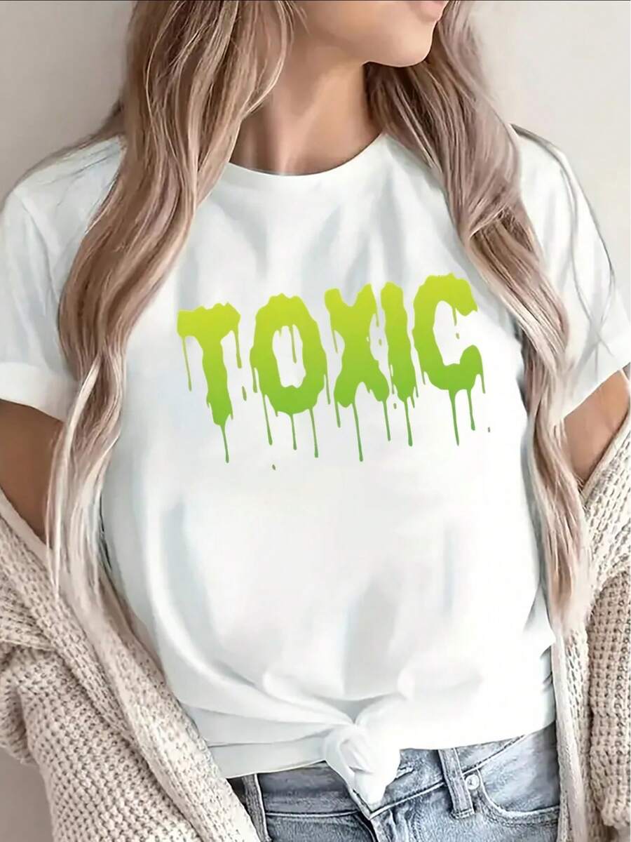 1 Short-Sleeved Polyester T-Shirt, With A Vibrant Green Drip Effect Print Design, Lightweight And Durable, Suitable For Home, Cafes Or Casual Outdoor Use, Comfortable And Fitted For Everyday Wear, 180g 100% Cotton. - 白色 - 查看 1