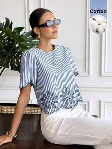 Camisa de mujer de moda casual con cuello redondo, manga corta y estampado de rayas - Azul y blanco - Ver 3