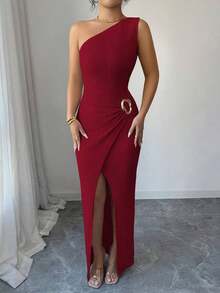 Nuevo vestido maxi de mujer de unicolor y sexy con hombro asimétrico, retorcido y fruncido, con cuello asimétrico, textura de punto y estilo ajustado, con diseño retorcido y con abertura, atuendo elegante para mujer, vestido para fiesta de primavera/verano, vacaciones, San Valentín - Gris - Ver 3