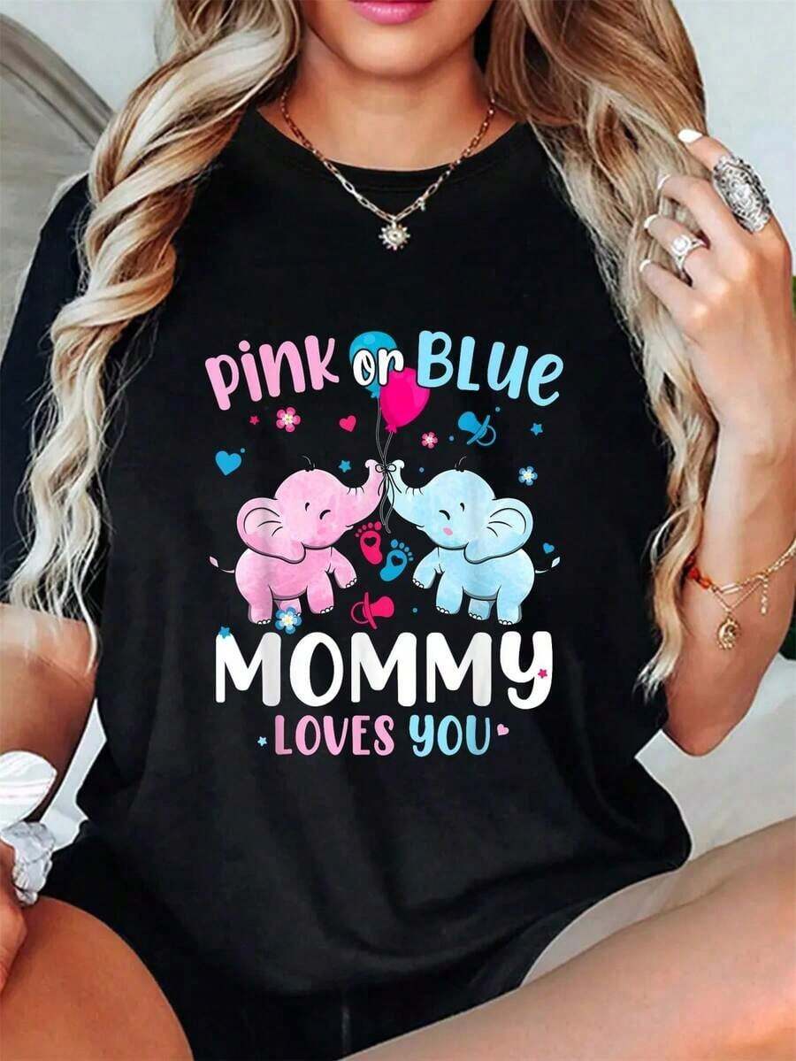 1 Piece Elephant Gender Reveal T-Shirt "Mommy Loves You" In Pink Or Blue For Mother's Day, Summer T-Shirts, Short Sleeve, Round Neck, Casual Top For Summer And Spring, Women's Clothing, 180g, 100% Cotton. - 黑色 - 查看 1