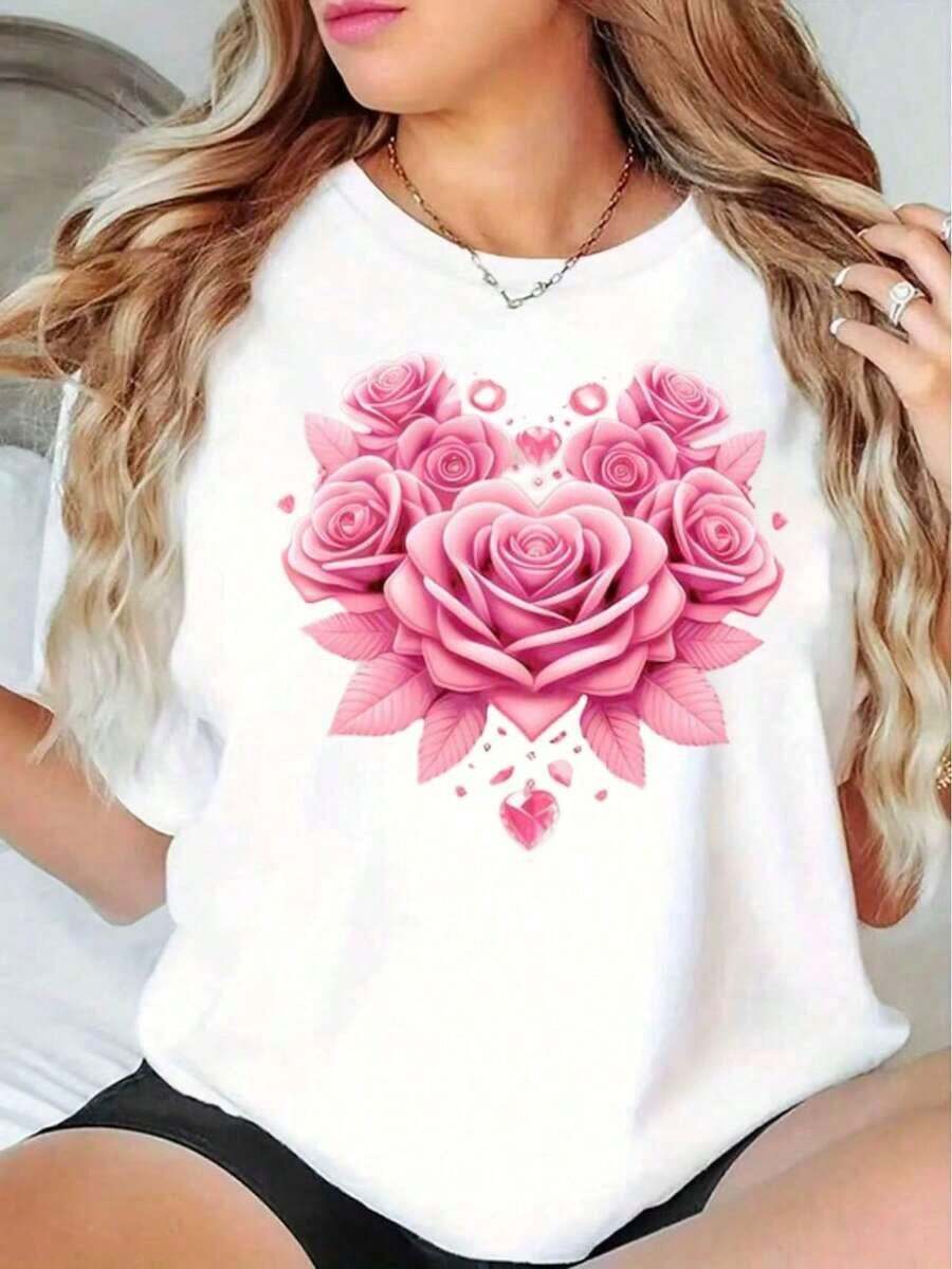 Camiseta de Verano para Mujer, Casual, de Manga Corta, con Estampado de Corazón, Cuello Redondo, de Algodón, Transpirable, Cómoda, Estilo Universitario - Blanco - Ver 1