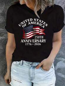 National Day Commemorative T-Shirt 1776-2026 | 250th Anniversary Of The United States Commemorative T-Shirt | Vintage Short Sleeve | Patriotic Independence Day T-Shirt, Distressed Vintage Flag, Women's Spring/Summer Casual Shirt - 黑色 - 查看 1