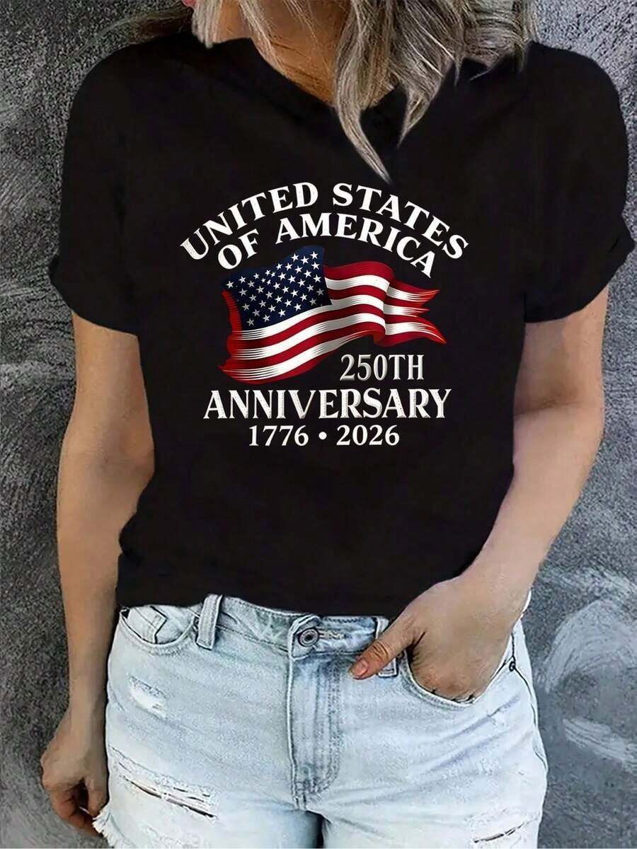 National Day Commemorative T-Shirt 1776-2026 | 250th Anniversary Of The United States Commemorative T-Shirt | Vintage Short Sleeve | Patriotic Independence Day T-Shirt, Distressed Vintage Flag, Women's Spring/Summer Casual Shirt - 黑色 - 查看 1