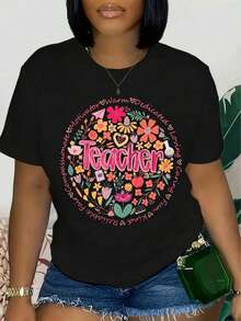 Women's Short-Sleeved T-Shirt, Soft And Breathable, 100% Cotton - Graphic Print With Teacher Theme, Casual Round Neck Top For Back To School Season, Versatile T-Shirt For Educators And Mothers, Teacher T-Shirt. - 黑色 - 查看 6